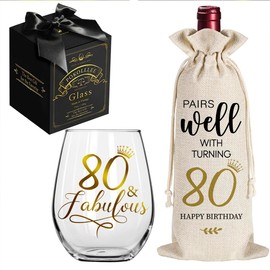 Pokolllee 80 & Fabulous Wine Glass 80th Birthday Gifts for Women, Happy 80th Birthday Wine Glass, Funny 80 Fabulous Gift for Mom Friends Wife Coworker, Turning 80th Happy Birthday Wine Gifts Bag
