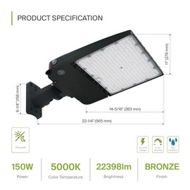 ASD LED Parking Lot Light Fixture with Arm Bracket, Dusk to Dawn Outdoor Lamp | Dimmable, Photocell, IP66 Waterproof, DLC, UL Listed | 150W 22400LM 5000K 100-277V | Shoebox Area Lighting | Bronze
