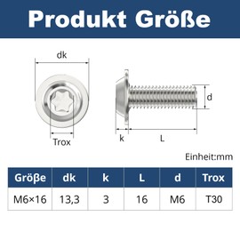 Pack of 20 M6 x 16 mm Rounded Head Screws with Flange Torx Drive Stainless Steel A2 V2A Screws Full Thread with Torx Key