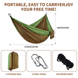 Camping Hammock – Portable Double Hammock 270 x 140 cm, 300kg Load Capacity, with Carabiners & Nylon Straps – Travel Hammocks for Outdoor, Indoor, Garden, Beach, Hiking, Olive Green