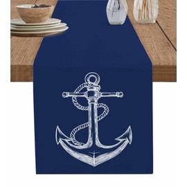 Table Runner Dresser Scarves-70 Inch Long,Nautical Sailing Anchor String Sketch Linen Dining Kitchen Table Runners Washable Tabletop Decoration for Home Holiday Party,Marine Theme Navy Blue