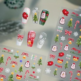 Christmas Nail Stickers 5D Embossed Cute Christmas Tree Penguin Nail Art Stickers 3D Self Adhesive Bows Bells Nail Decals Winter Xmas Red Crutch Nails Design Snowflake Nails Supplies for Women 1 Sheet