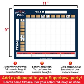Football Squares Board 100 (10 Cards/Pack) - Superbowl Pool Cards - Football Pool Game - Scratch Off Betting Cards - Football Scratch Off Cards - Football Squares Scratch Off (Navy)