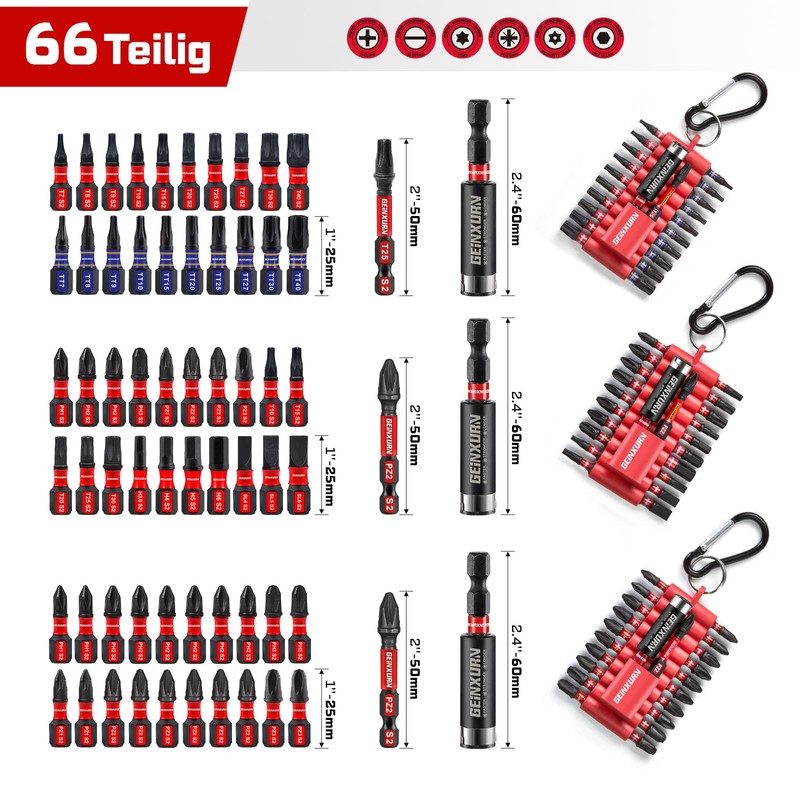 Geinxurn 25 mm/50 mm Mixing Bit Set 66 Pieces (PH/PZ/TX/Hex/SL)