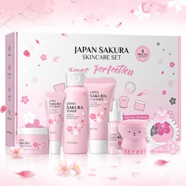 Japan Sakura Skin Care Set for Teenage Girls, 8 Pieces, with Cleansing, Toner, Cream, Serum, Eye Serum, Brush, Hair Tie and Clips, Moisture Skincare, Anti-Ageing Face Care Set