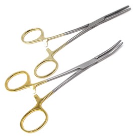 Stainless Steel Multi Use Kelly Hemostat Forceps with Half Serrated Jaws, Pack of 5.5" Curved + Straight Pliers with Box Lock and 3 Position Locking Mechanism, Gold Handle Clamps