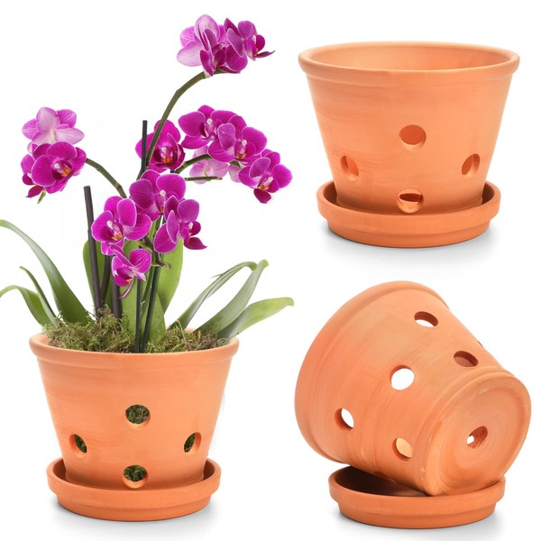 Jucoan 3 Pack 6 Inch Terracotta Orchid Pots with Holes