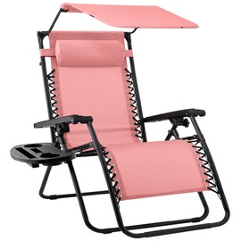 Best Choice Products Folding Zero Gravity Outdoor Recliner Patio Lounge Chair w/Adjustable Canopy Shade, Headrest, Side Accessory Tray, Textilene Mesh - Pink