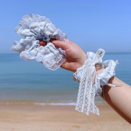4 Pieces Blue and White Stripes Soft Scrunchies, Ribbon Bows Hair Ties, Lace Elastic Hair Bands, Gift Set, Women Girls Hair Accessories, Cute Ponytail Holder