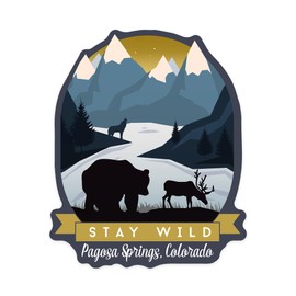 Die Cut Sticker Pagosa Springs, Colorado, Stay Wild, Animal Silhouettes, Yellow and Blue, Contour Vinyl Sticker 1 to 3 inches (Waterproof Decal for Cars, Water Bottles, Laptops, Coolers), Small