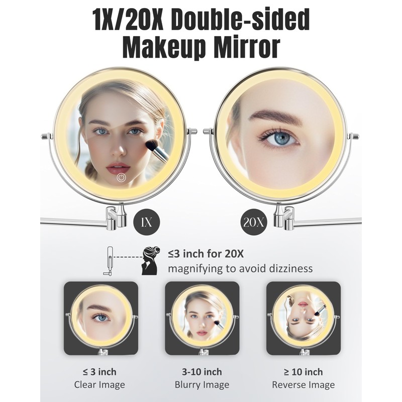 Wall Mounted Makeup Mirror with Light, 20X/1X 8'' Double Sided