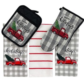 Holiday Christmas Kitchen Towels Pot Holder Set: Bring Home The Tree Red Truck Cotton Towels Print, Pot Holder Oven Glove Has Embellished Jacquard Weave