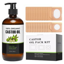 Castor Oil Patches Kit 30 Pack, With 8 oz Organic Cold Pressed Castor Oils, Comfortable Organic Cotton Castor Oil Pack Wrap for Stomach, Belly Button and Liver Detox Ect, Easy of Use and Hygienic