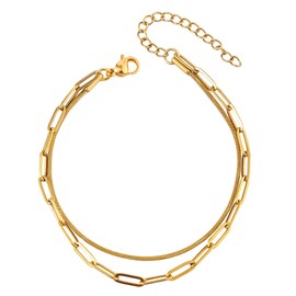 XYWstore Women's Gold Layered Bracelet, Alloy Square Snake Chain and Paperclip Link, Double Layer Stacked Design