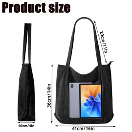 HUIBOHOU Corduroy Tote Bag with Zip for Women Large Capacity Shoulder Bag and Pockets for College School Work Travel Shopping (Black)