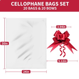 TUXIYA 20 PCS Large Cellophane Bags, 24x30inches Cellophane Wrap for Gift Baskets,Clear Basket Bag with 20 PCS Red Pull Bows