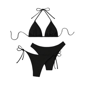GORGLITTER Women's 3-Piece Bikini Sets Halterneck Bikini Sets Swimwear Three-Piece Swimsuits Triangle Backless Bikini Bottoms with Bows, black, S
