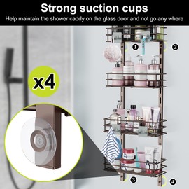 Orimade Over the Door Shower Caddy Adjustable 5 Tier Bronze,Bathroom Hanging Organizer Shelf Rustproof with 4 Hooks,Shower Basket with Soap Holder and Suction Cup