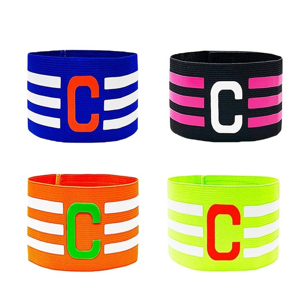 Pack of 4 Football Leader Bracelets, Adjustable Size Elastic Captain's Armband Sports Leader Bracelet, Elastic Captain's Bracelets, Velcro Fastening for Adults (Four Colours)