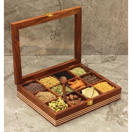 ABHANDICRAFTS Sheesham Wood Spice Box for Kitchen Table Top Masala Box with 12 Compartment and Spoon Multipurpose storage Box for Spices, Herbs