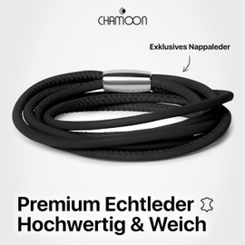 Chamoon® Premium Leather Bracelet for Women, Magnetic Closure, Stainless Steel, with Charms, Expandable, Stainless Steel, black