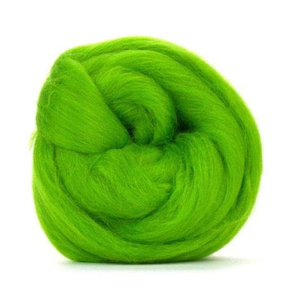 Vivid green merino wool roving/tops - 50gm. Great for wet felting/needle felting, and hand spinning projects.