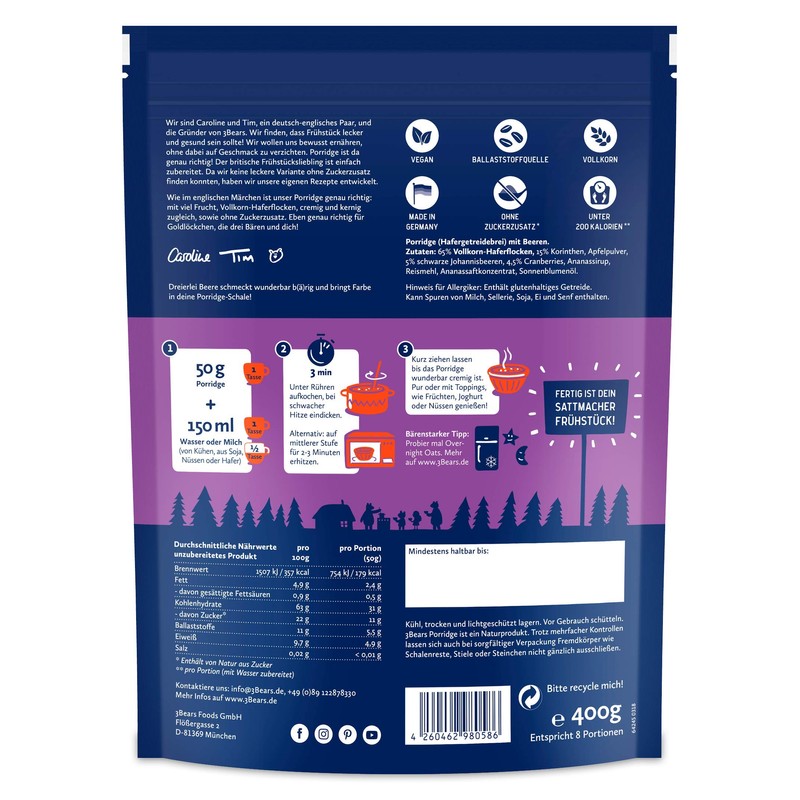 3Bears Foods Porridge Triple Berry 400 g