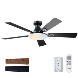 addlon Ceiling Fans with Lights, 52 inch Flush Mount Ceiling fan with Remote Control, Wall Remote, Reversible, 5CCT, Dimmable, Noiseless DC Motor, Black Low Profile Ceiling Fan for Bedroom, Farmhouse