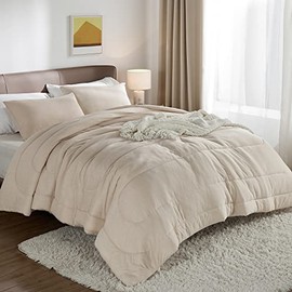 Bedsure King Size Comforter Set - Warm King Comforter, 3 Pieces All Season Reversible King Bed Comforter, Dual Side Warm Cooling King Size Cooling Comforter with 2 Pillow Shams (Beige, 102x90'')
