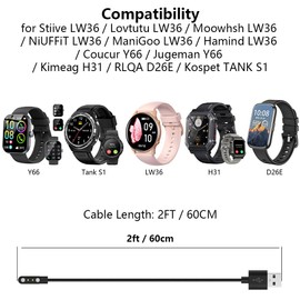 2 Pack Charger Compatible with LW36 (Stiive/Lovtutu/Moowhsh/NiUFFiT/ManiGoo) / Coucur Y66 / Jugeman Y66 / Kimeag H31 / RLQA D26E / Tank S1, 2FT Smart Watch Replacement USB Charging Cable Cord