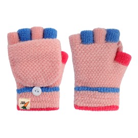 Children's Half Finger Gloves with Flip Top Mittens Knitted Gloves Five Finger Mittens Winter Gloves Knitted Cycling Gloves 3-10 Years Old, PINK-F
