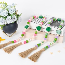 LUOZZY Hawaiian Summer Wooden Bead Garland with Tassels & Flamingo Tag Wooden Beads Leaf Beads Garland Tiered Tray Decor Farmhouse Home Decorations