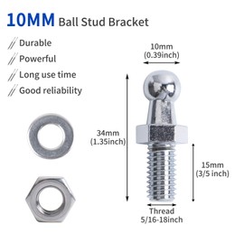 OTUAYAUTO - Juego de 4 pernos de bola de 10 mm con herrajes - M8 x 15 mm de largo - para soporte universal de elevación de amortiguador de gas