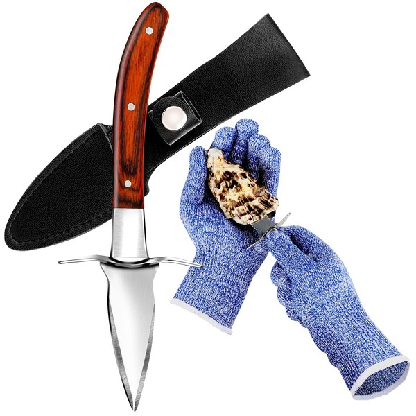 Oyster Knife and Gloves Set, Oyster Opener Tool Kit with Oyster Shucking Knife and Cut Resistant Level 5 Protection Gloves, Clam Oyster Shucker Knives with Hand Guard, Seafood Tools Gift Set of 2