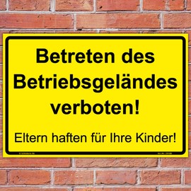 Sign "Betreten des Betriebsgeländes verbotten - Eltern haften für Ihre Kinder" (German language) sign 300 x 200 mm yellow landscape format sturdy aluminium composite panel 3 mm thick