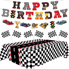 Race Car Party Decor Kit - Happy Birthday Banner, Tablecloths for Race Car Birthday or Baby Shower - 54 x 108 Inch