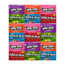 Assorted Candy Mix Variety Pack, 18 Pack with Mike and Ike & Now and Later Individually Wrapped Candies, 3 Each Flavor: Grape, Watermelon, Tropical Punch, Original Fruits, Berry Blast & Cherry