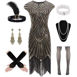 WILDPARTY 1920s Dresses for Women, Flapper Dress with Sequins Beaded Fringed Mesh Stockings, 20s Accessories Mafia Costume Ladies