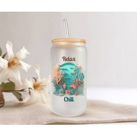 Mugzan Relax Chill Sea Reef Frosted Glass Can W/ Bamboo Lid 16 Oz Glass Cup by Mugzan
