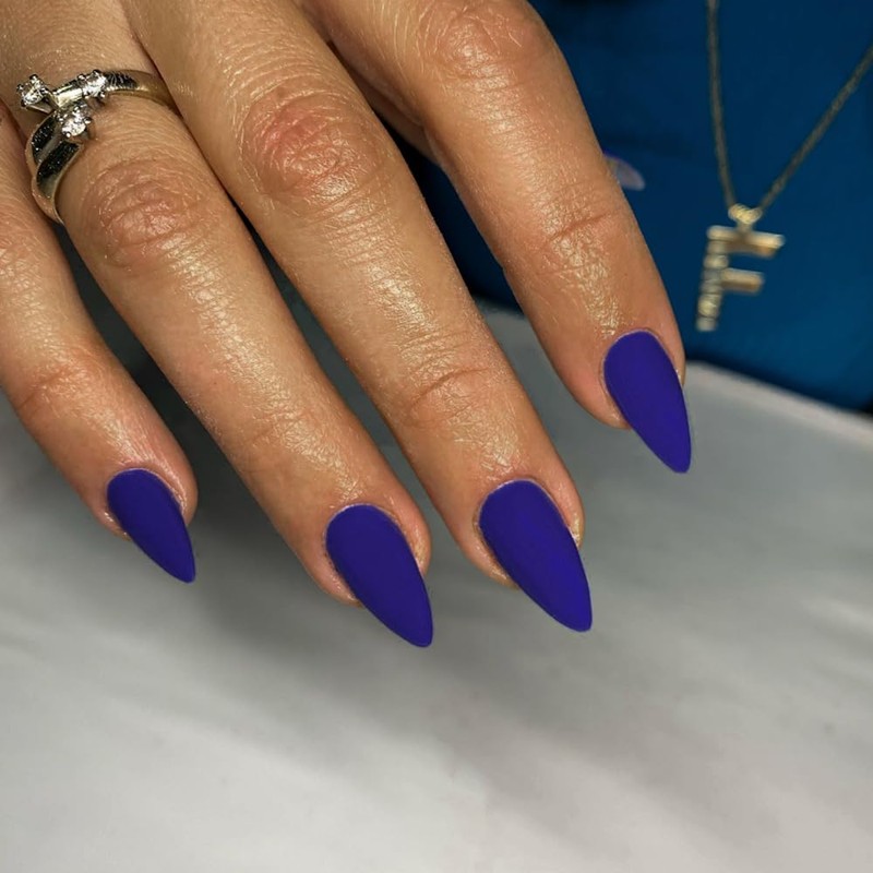 Uñas Postizas Azul Real Mate Uñas Almendradas Medianas Uñas Acrílicas