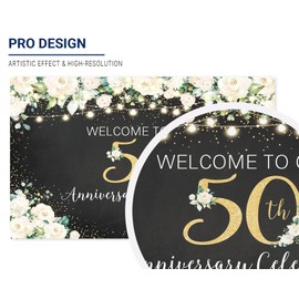 Allenjoy Black and Gold Floral Happy 50th Anniversary Backdrop for Love Cheers to 50 Years Wedding Birthday Party Supplies Decorations Banner Home Decor Photo Booth Props Gifts Background