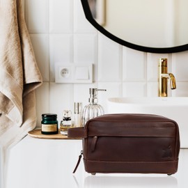 Leather Toiletry Bag for Men & Women, Mens Travel Shaving Pouch, Makeup Bag Toiletries, Zipper Dopp Kit, Premium Buffalo Leather Wash Bag Grooming Gift for Men, Dopp Kit Unisex Toiletry Travel Bag