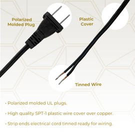Royal Designs Lamp Cord with Molded Plug, Stripped Ends Ready for Wiring, 12 ft long, Black, SPT-1 UL Listed, Set of 2