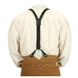 Historical Emporium Men's Leather 1 Inch Y-Back Buckle Button End Suspenders, Victorian Western Adjustable Heavy Duty Braces Black