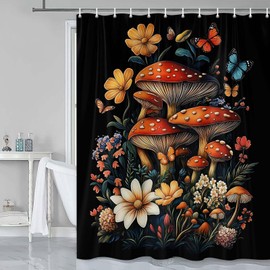 Cortina de ducha retro de hongos, estilo bohemio, estilo clásico, con diseño de plantas florales, color negro, bohemio, con 12 ganchos, decoración de baño, decoración de baño, 70 x 70 pulgadas