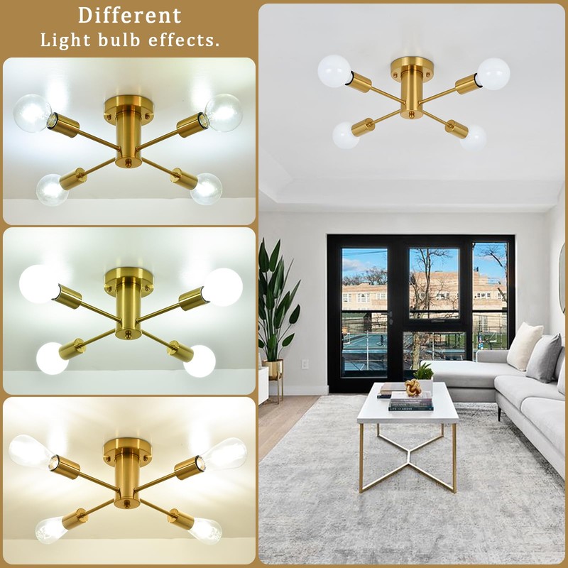 ASHUAQI Gold Ceiling Light, 4 Lights Sputnik Ceiling Light, Modern
