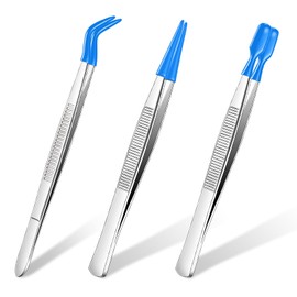 Honoson 3 Pieces Tweezers with Rubber Tips PVC Coated Set Rubber Straight Flat Tip Long Bent Tweezers for Crafts Stamps Beads Jewelry Tools(Blue)