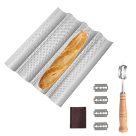 DYUEE Baguette Baking Tray French Bread Pan for 4 Baguettes with Non-Stick Coating, Thickened Perforated Multi Slot Baguette Baking Pan for Oven Baking Baguette Mould Accessories (Silver)