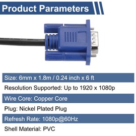 sourcing map VGA to VGA Cable, 6 ft Black VGA to VGA Male to Male Video Output Cable 1920 x 1080p Resolution for Laptops, Monitors, Projectors, TVs, GPU, PC