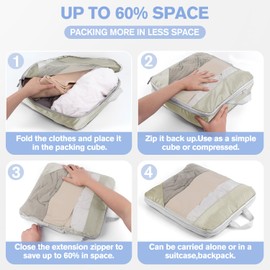 RisetoFame Compression Packing Cubes, Mesh Luggage Storage Bags, Expandable Travel Packing Cubes, Set of 7 (Beige)